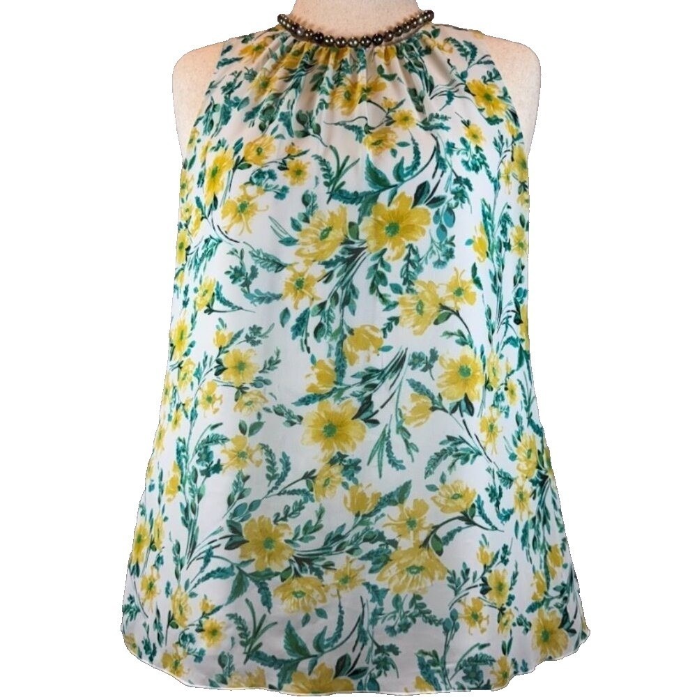 Calvin Klein Sleeveless Semi‑Halter Floral Blouse Women's L Cream Yellow Teal